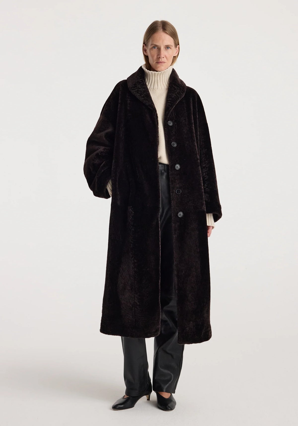 Róhe - Shearling Shawl Collar Coat - Dark Chocolate