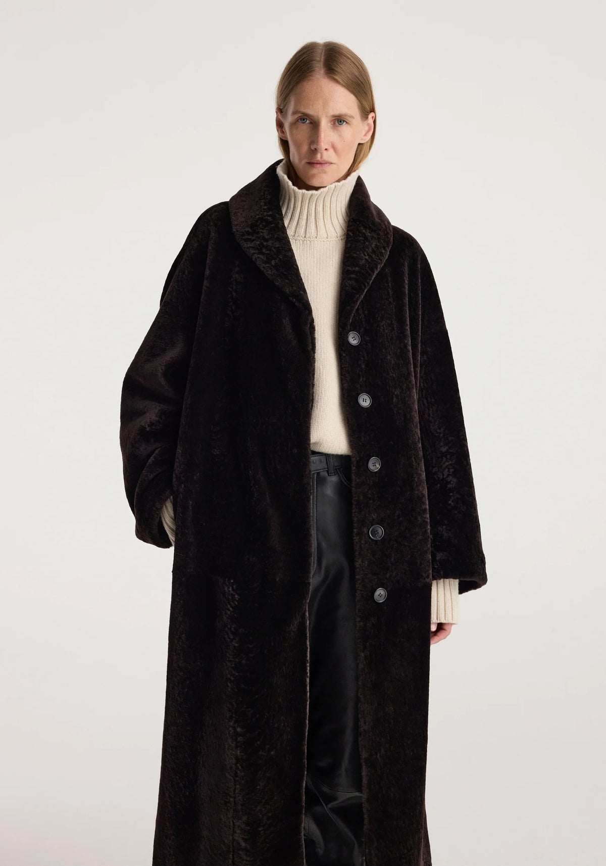 Róhe - Shearling Shawl Collar Coat - Dark Chocolate