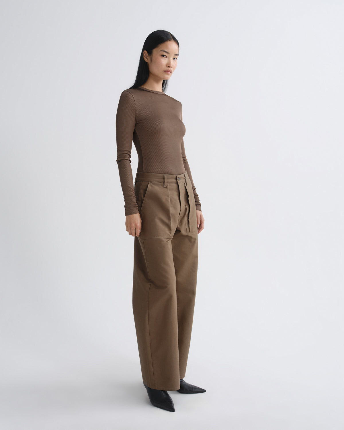 Agolde - Ribbed Viscose Long Sleeve Top - Dark Khaki