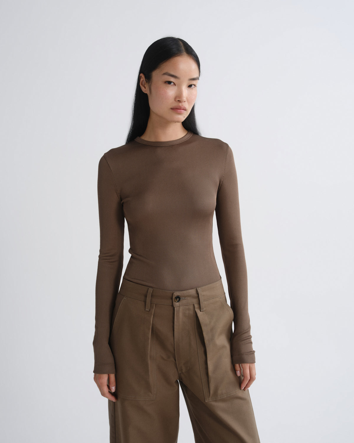 Agolde - Ribbed Viscose Long Sleeve Top - Dark Khaki