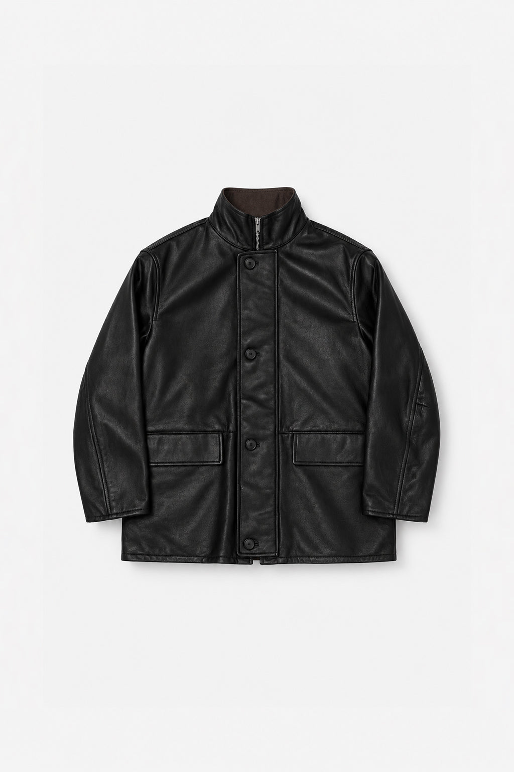 Auralee - Reversible Wool And Leather Half Coat - Brown Chambray / Black