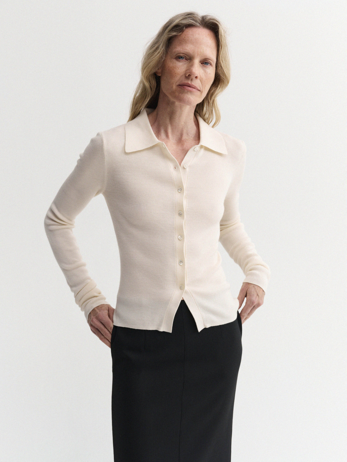 Almada Label - Silk Wool Cashmere Rib Cardigan - Cream