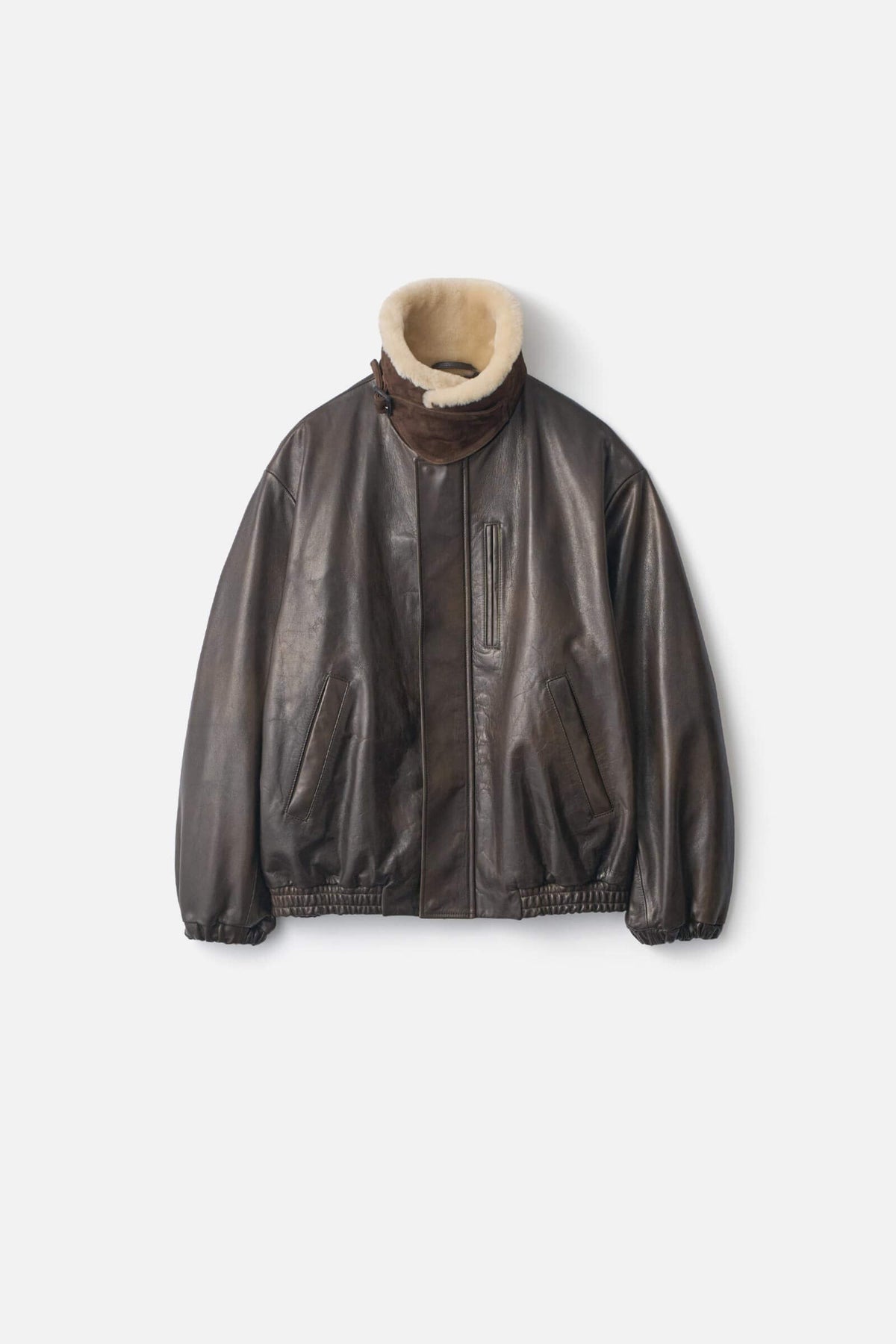 Ssstein - Shearling Collar Leather Flight Jacket - Dark Brown