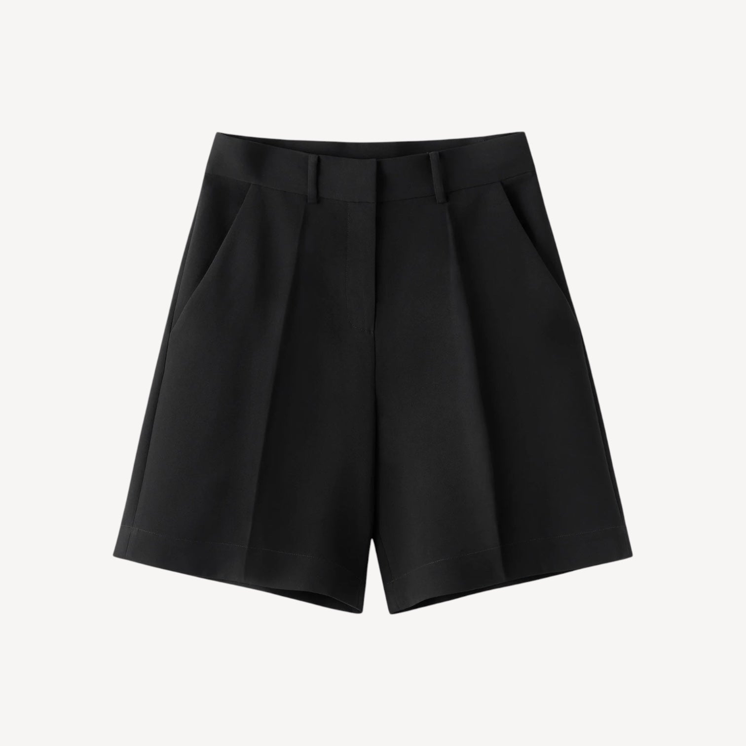 Lula Studio Prague black crepe shorts with high-rise fit and architectural pleats.