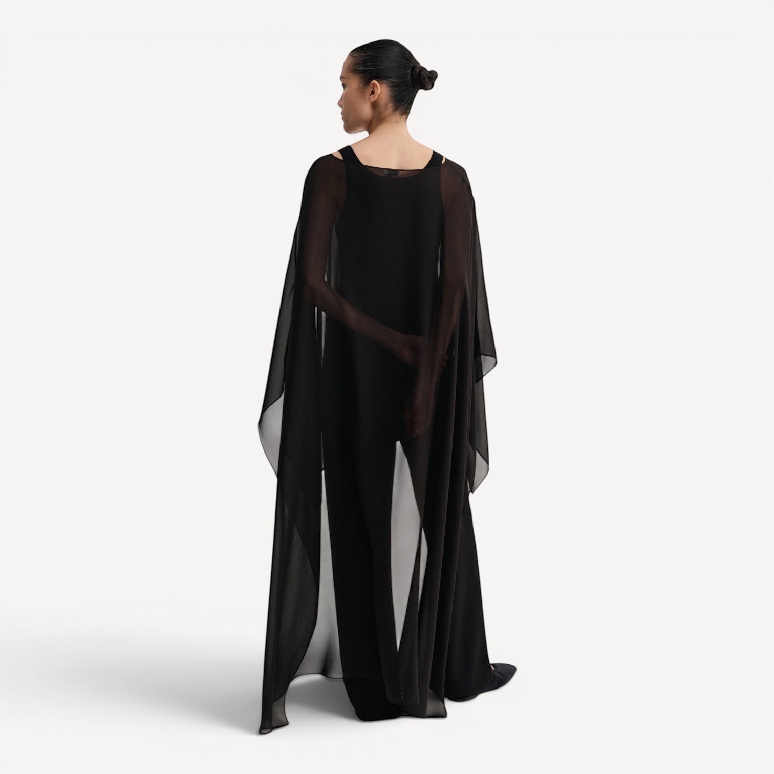 Lula Studio Prague black silk chiffon cape with asymmetric, floor-length back and shorter front, boatneck.