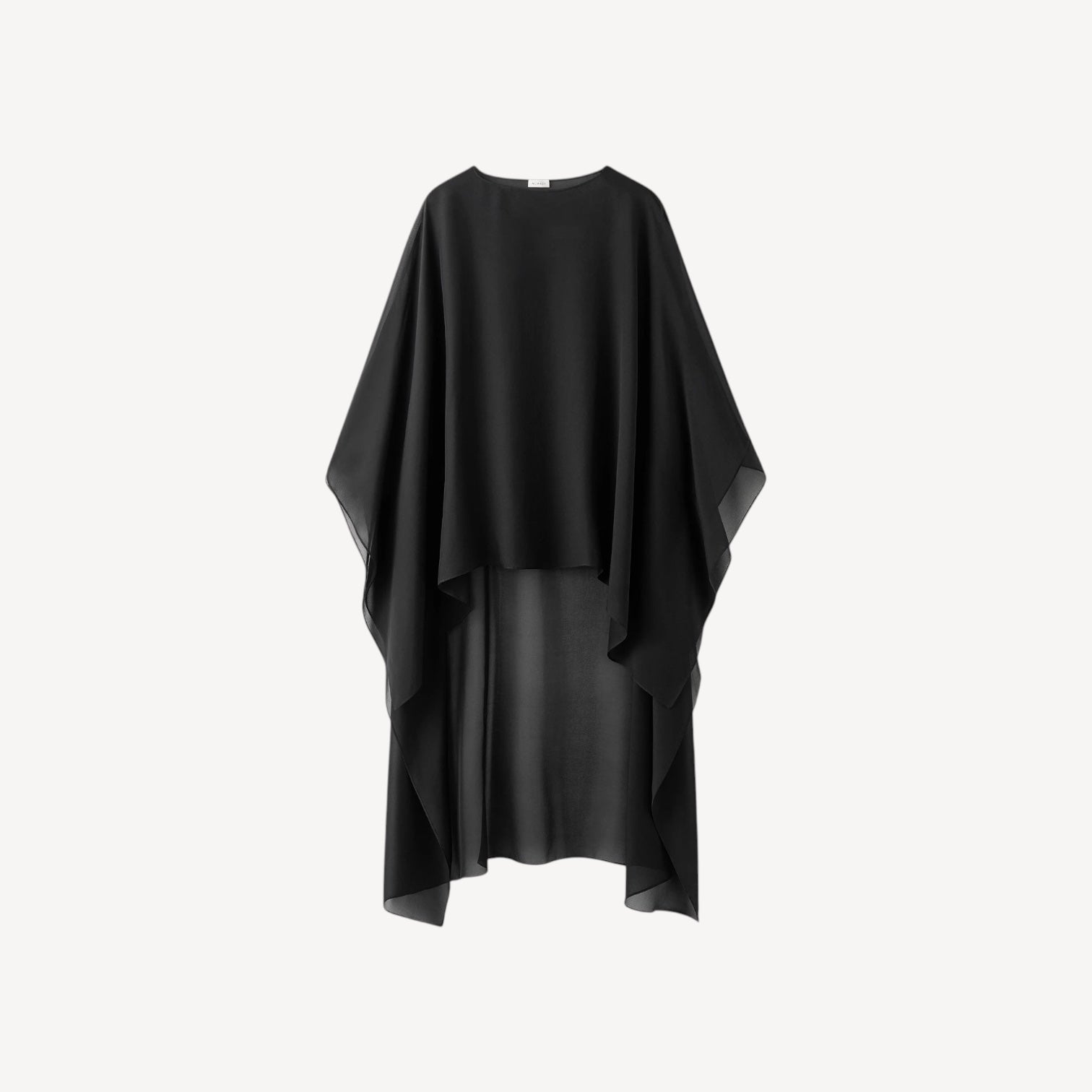Lula Studio Prague black silk chiffon cape with asymmetric hem and boatneck, flowing and sheer.