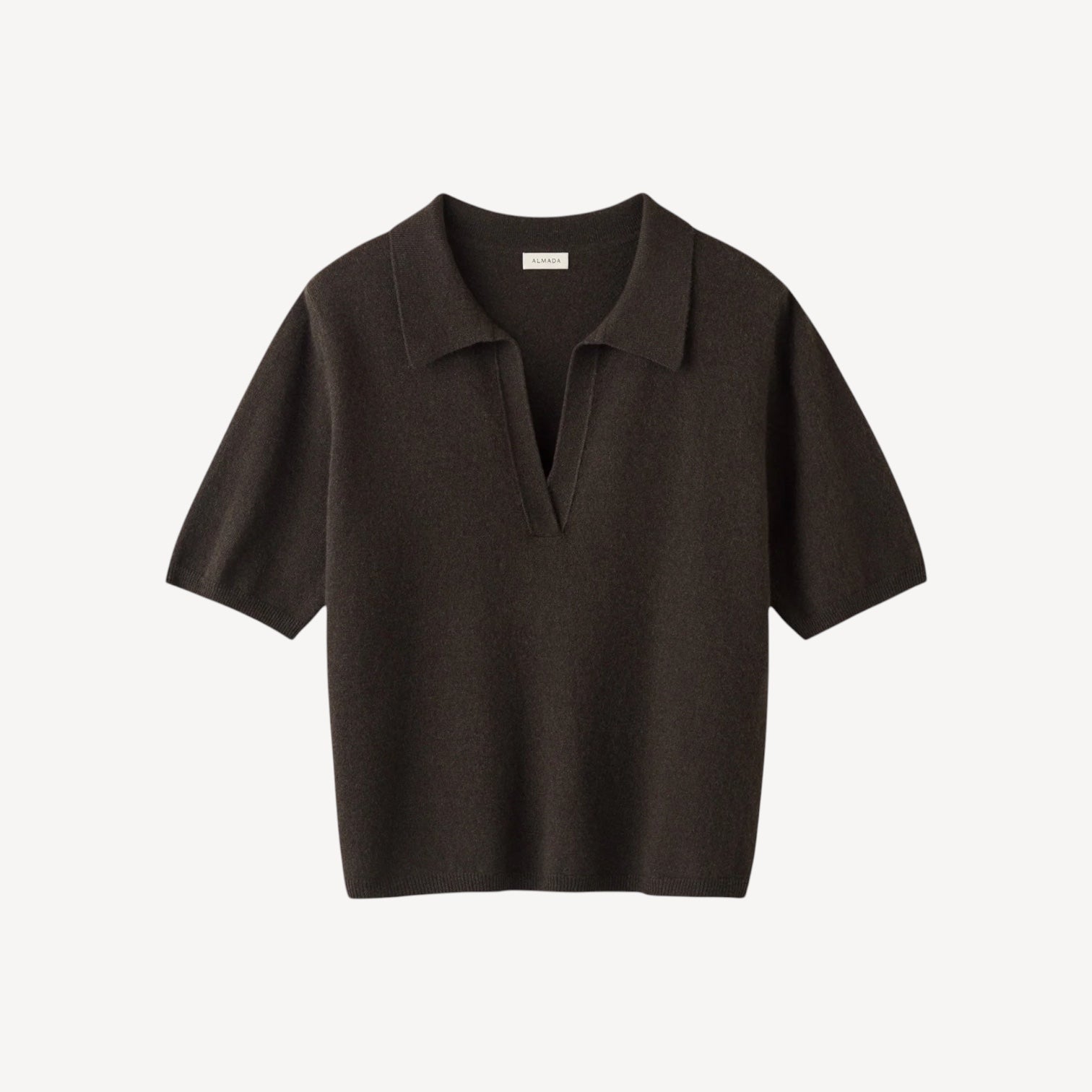 Lula Studio Prague brown cashmere short-sleeve polo t-shirt with V-neck and collar.