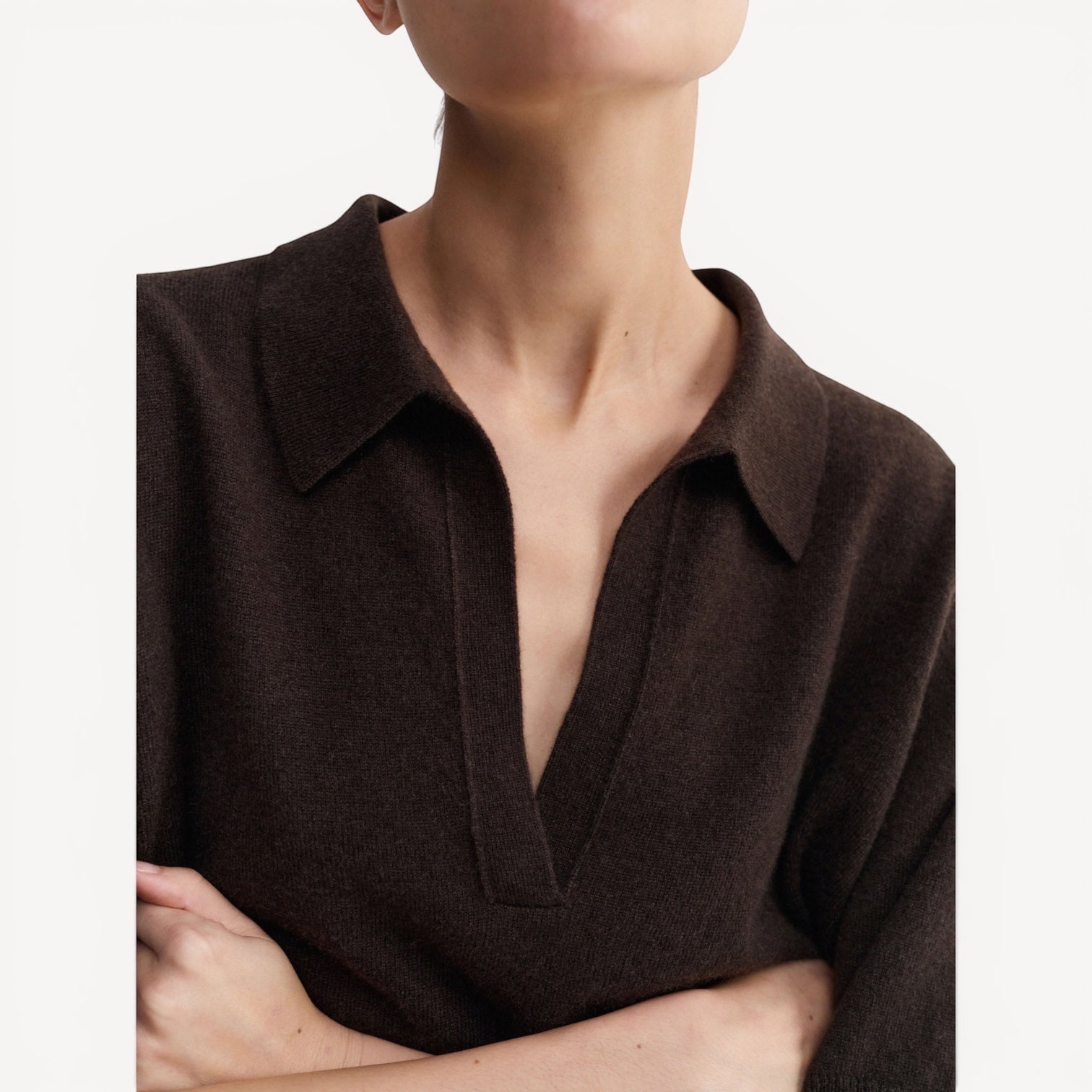 Lula Studio Prague brown cashmere polo t-shirt with V-neck and collar