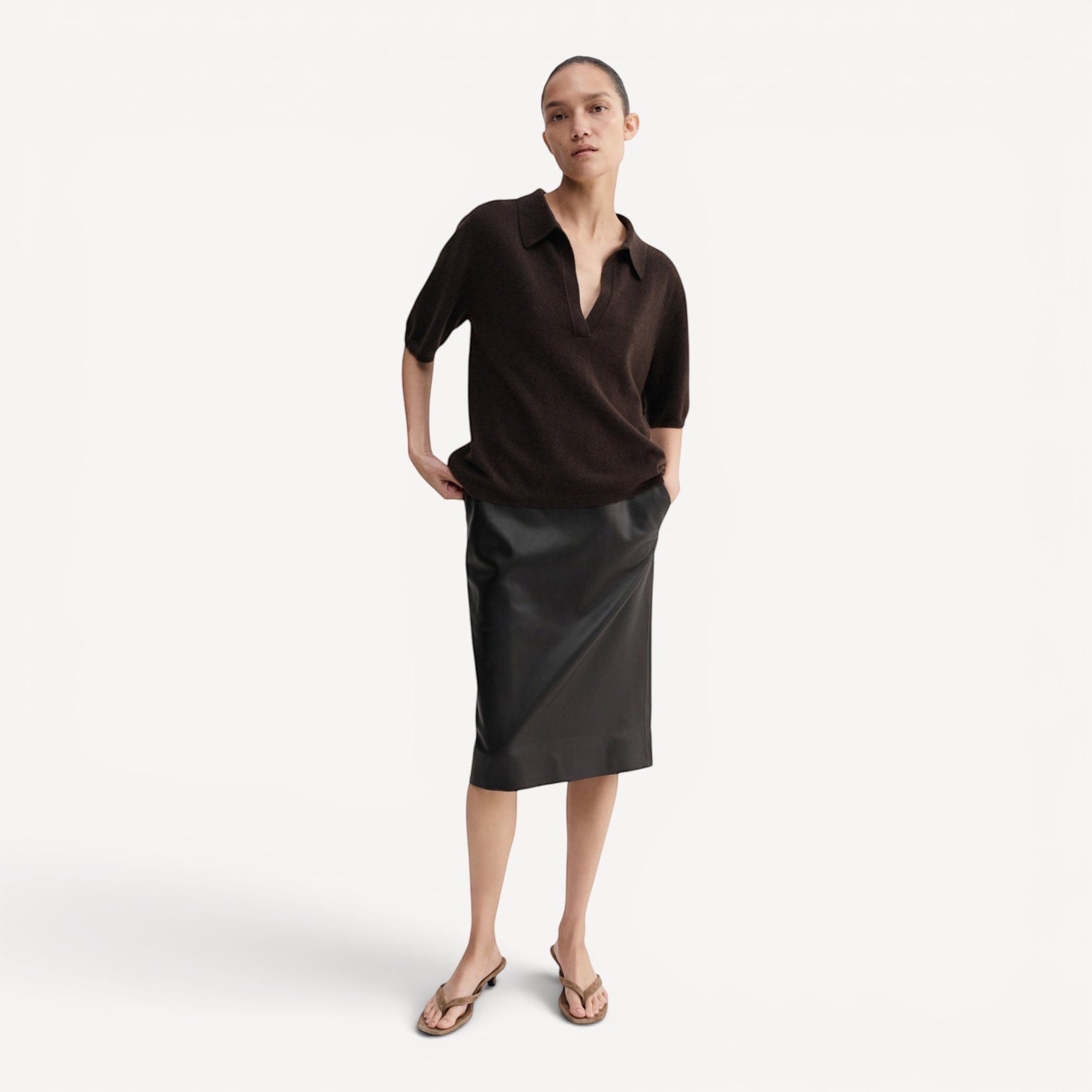 Lula Studio Prague brown cashmere V-neck polo t-shirt with short sleeves and a minimalist collar.